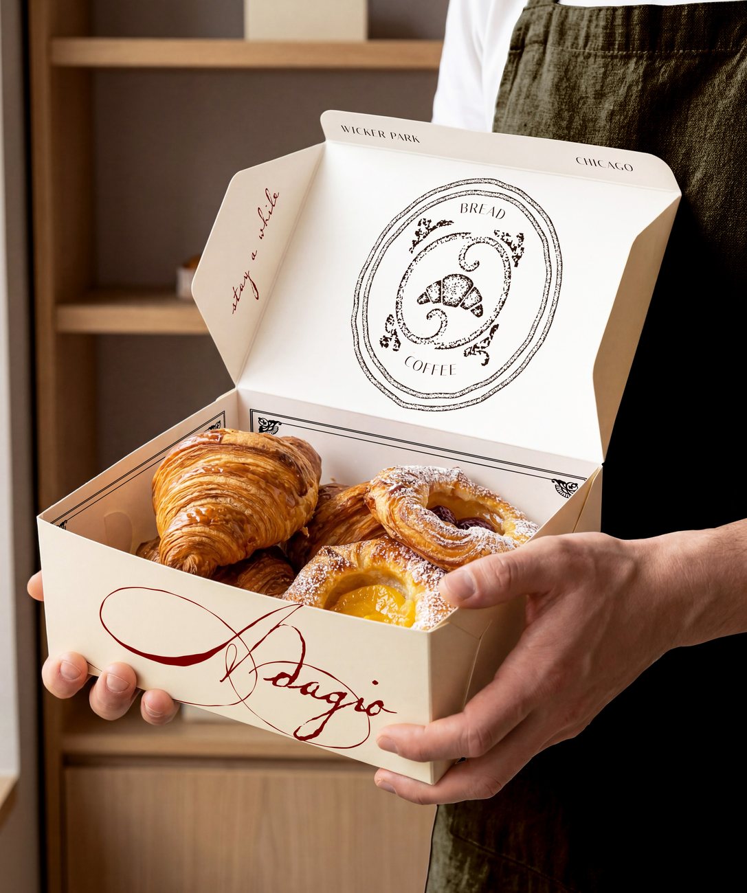 Adagio pastry box filled with croissants