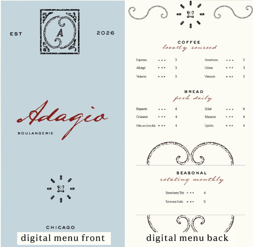 Adagio digital menu, front and back