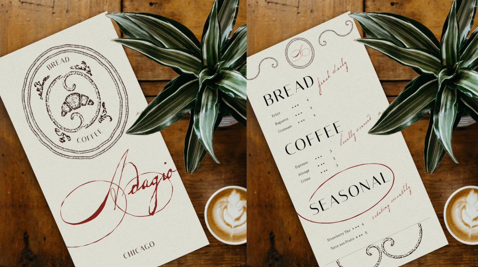 Printed Adagio menus styled with plants on a wood table