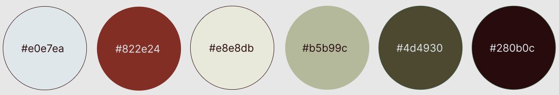 Adagio color palette: soft blue, brick red, cream, sage, olive, and deep espresso