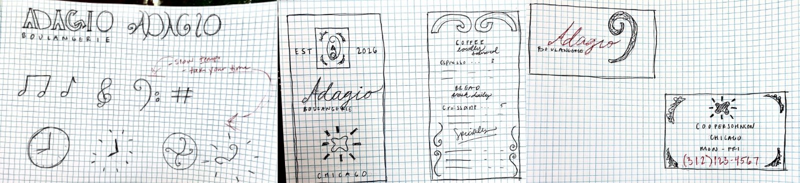 Hand drawn sketches of logo, menu, and business card ideas