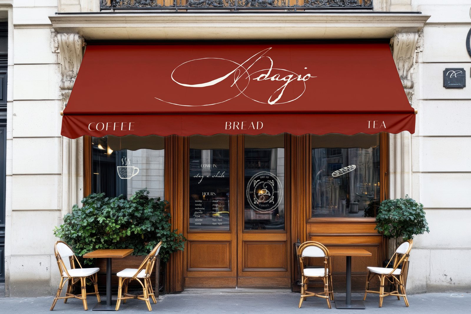 Adagio storefront with a red awning reading Coffee, Bread, Tea