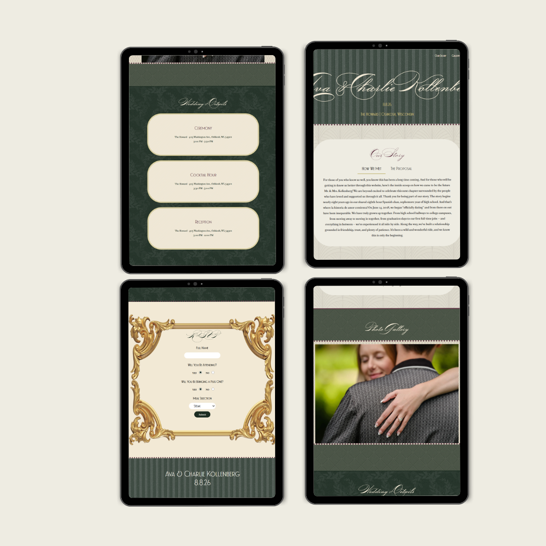 Wedding site shown across four mobile screens