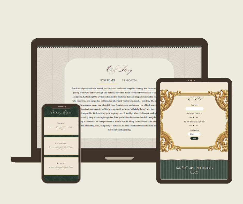 Wedding site shown on laptop, tablet, and phone